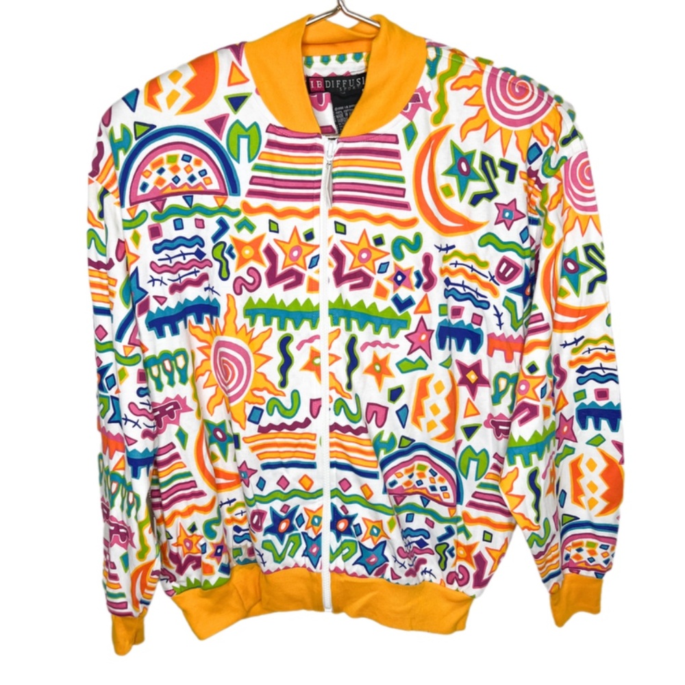 Y2K 90s Vintage Colorful Graphic Illustration Zip Up Jacket Shoulder Pads Retro